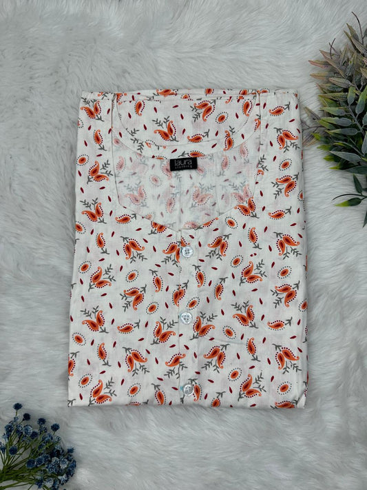 Gainsboro and Burnt Umber Printed Round Neck Pure Cotton Full Open Button Labour Room Nighty Free Size Short Sleeve (Suits for bra size 34″- 40″ | 54-56 inch length)