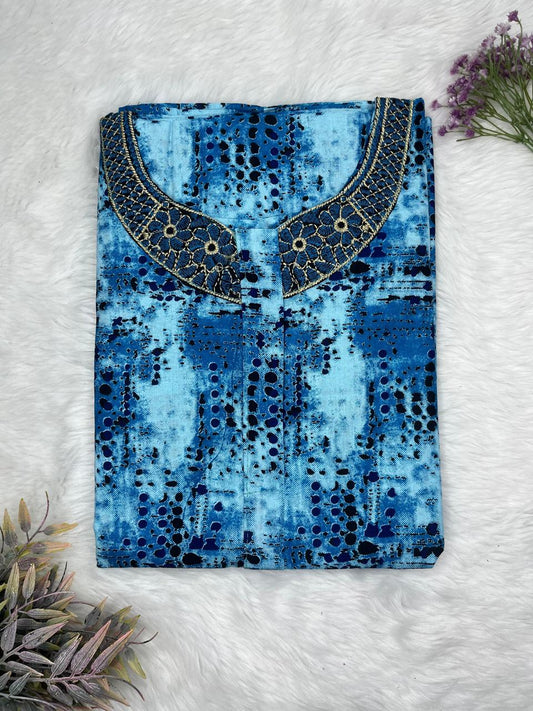 Sky Blue Printed 8" Long Zip Matching Embroidery Neck Pure Cotton Feeding Nighty Plus Size Short Sleeve (Suits for bra size 40″- 46″ | 54"-56" inch length)