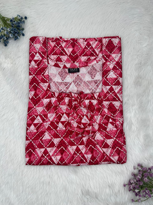 UP Maroon Printed Cotton Square Neck Elastic Pleated Nighty Free Size Short Sleeve (Suits for bra size 34″- 40″ | 54-56 inch length)