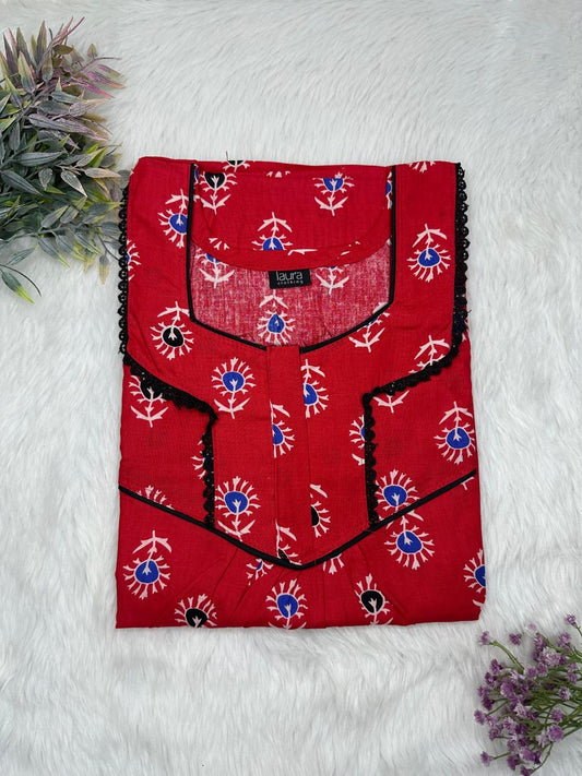 Cornell Red Printed Square Neck Normal Zip Pure Cotton Nighty Free Size Short Sleeve (Suits for bra size 34″- 40″ | 54-56 inch length)