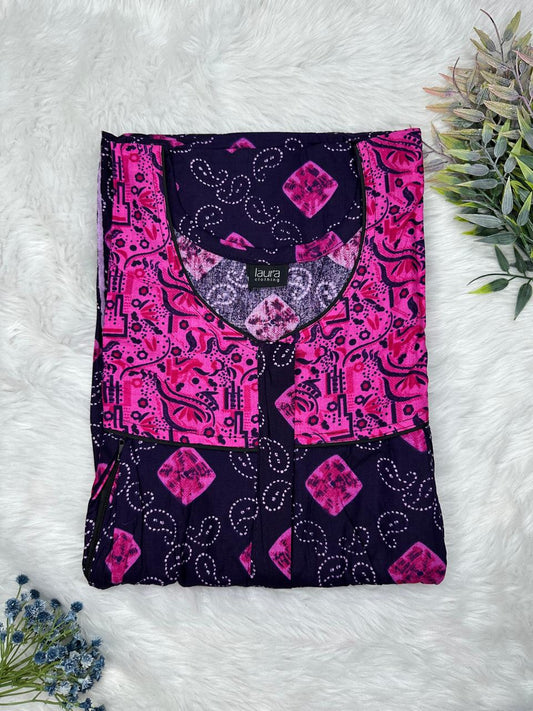 Dark Indigo and Vivid Cerise Printed Round Neck Pleated Pure Cotton Feeding Nighty With Two Side Vertical Zip and Single Centre Zip Free Size Short Sleeve (Suits for bra size 34″- 40″ | 54-56 inch length)