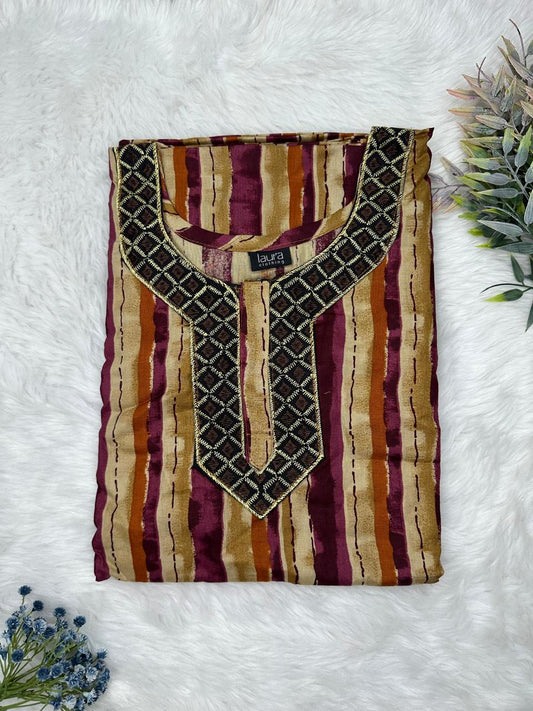 Dark Tan Printed Normal Zip Pure Cotton Matching Neck Embroidery Nighty Free Size Short Sleeve (Suits for bra size 34″- 40″ | 54-56 inch length)