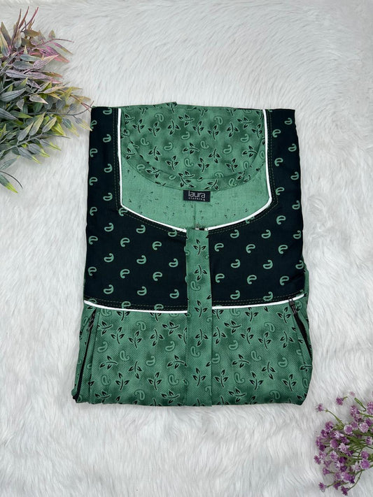 Sacramento State Green and Onyx Printed Square Neck Pleated Pure Cotton Feeding Nighty With Two Side Vertical Zip and Single Centre Zip Free Size Short Sleeve (Suits for bra size 34″- 40″ | 54-56 inch length)