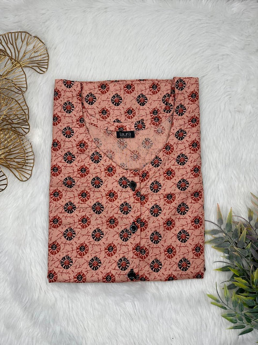 Pale Copper Printed Round Neck Pure Cotton Full Open Button Labour Room Nighty Free Size Short Sleeve (Suits for bra size 34″- 40″ | 54-56 inch length)
