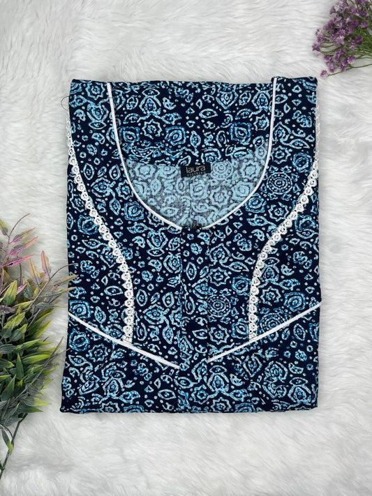 Rackley and Onyx Printed Round Neck Centre Long 12" Zip Pure Cotton Feeding Nighty Free Size Short Sleeve (Suits for bra size 34″- 40″ | 54-56 inch length)