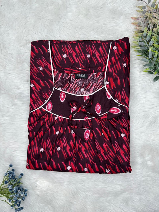 Seal Brown and Vivid Burgundy Printed Square Neck No Zip Pleated Pure Cotton Nighty Free Size Short Sleeve (Suits for bra size 34″- 40″ | 54-56 inch length)