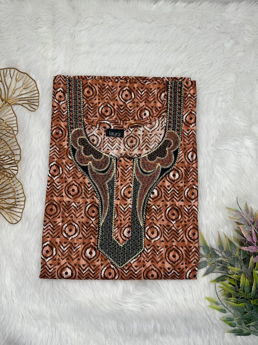 Russet Printed Normal Zip Pure Cotton Matching Neck Embroidery Feeding Nighty Free Size Short Sleeve (Suits for bra size 34″- 40″ | 54-56 inch length)