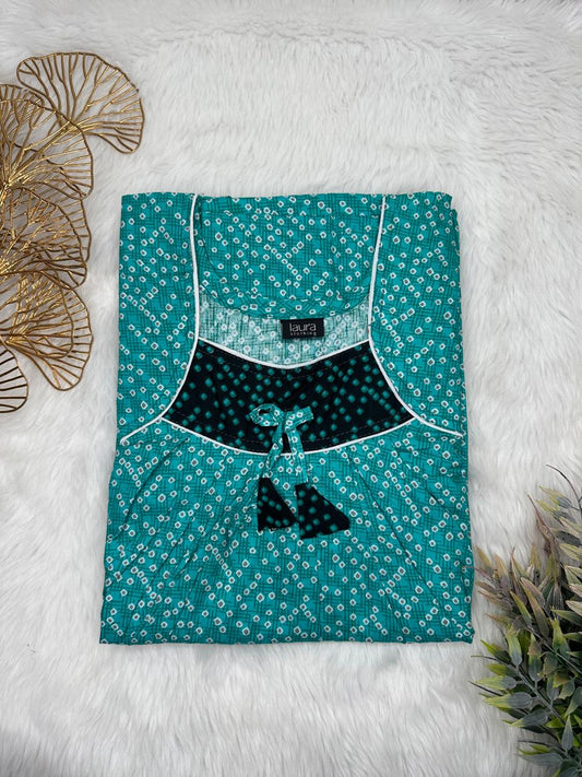Teal Floral Printed Square Neck No Zip Pleated Pure Cotton Nighty Free Size Short Sleeve (Suits for bra size 34″- 40″ | 54-56 inch length)