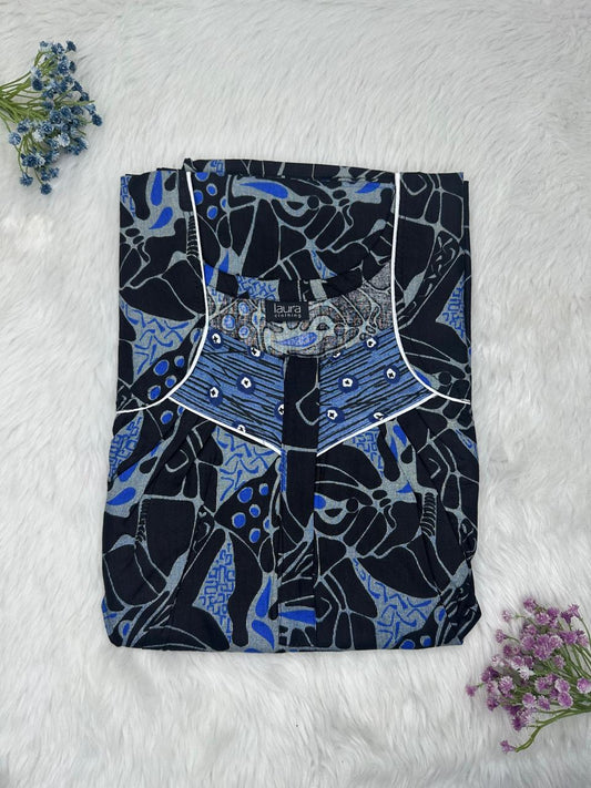 Glaucous and Onyx Printed Square Neck Pleated Zip Pure Cotton Nighty Free Size Short Sleeve (Suits for bra size 34″- 40″ | 54-56 inch length)