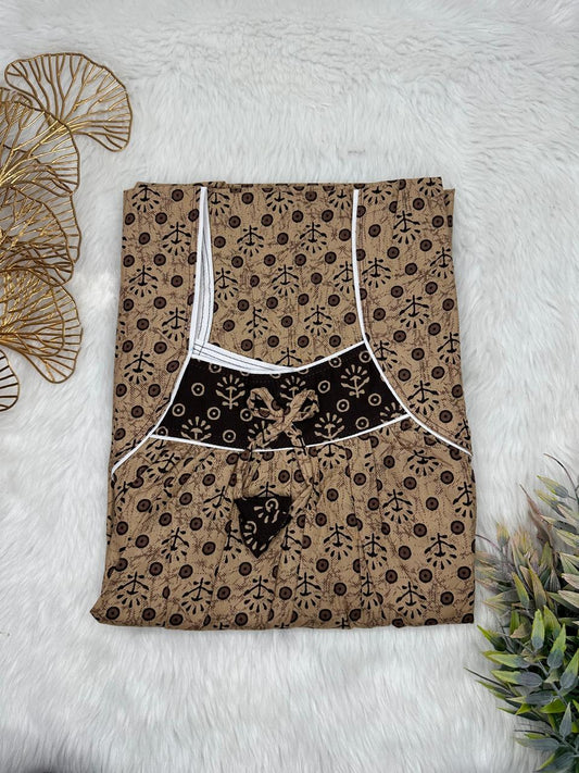 Shadow Printed Front and Smokey Black Pleated Pure Cotton Nighty Free Size Short Sleeve (Suits for bra size 34″- 40″ | 54-56 inch length)