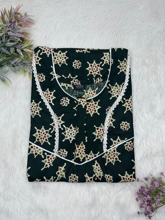 Dark Jungle Green Printed Round Neck Normal Zip Pure Cotton Nighty Free Size Short Sleeve (Suits for bra size 34″- 40″ | 54-56 inch length)