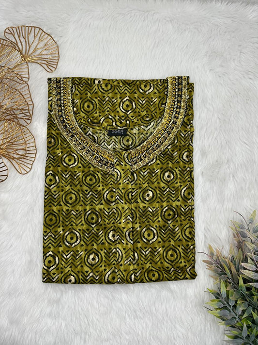 Army Green Printed 12" Long Zip Pure Cotton Matching Neck Embroidery Feeding Nighty Free Size Short Sleeve (Suits for bra size 34″- 40″ | 54-56 inch length)