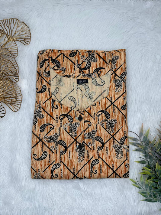 Golden Brown Printed Square Neck Pure Cotton Full Open Button Labour Room Nighty Free Size Short Sleeve (Suits for bra size 34″- 40″ | 54-56 inch length)