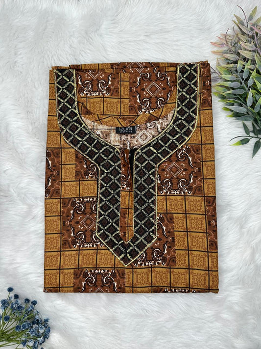 Dark Goldenrod Printed Normal Zip Embroidery Neck Pure Cotton Maternity Nighty Plus Size Short Sleeve (Suits for bra size 40″- 46″ | 54-56 inch length)