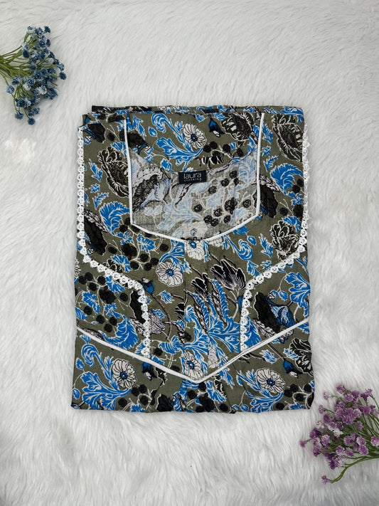 Davy Grey Printed Square Neck Normal Zip Pure Cotton Nighty Free Size Short Sleeve (Suits for bra size 34″- 40″ | 54-56 inch length)