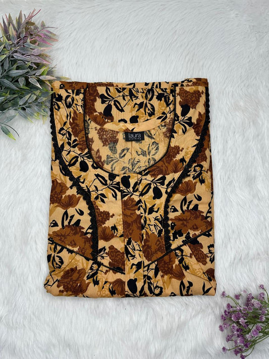 Burlywood Printed Round Neck Centre Long 12" Zip Pure Cotton Feeding Nighty Free Size Short Sleeve (Suits for bra size 34″- 40″ | 54-56 inch length)