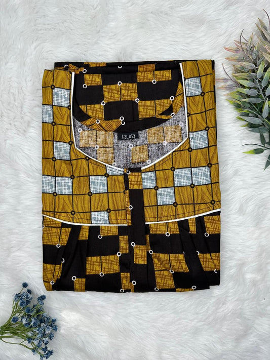 Dark Goldenrod and Onyx Printed Mix N Match Square Neck Pleated Cotton Nighty With Centre -8″ Zip Short Sleeve Free Size (Suits for bra size 34″- 40″ | 54-56 inch length )