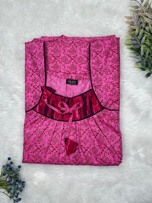 Mulberry Printed Square Neck No Zip Pleated Pure Cotton Nighty Free Size Short Sleeve (Suits for bra size 34″- 40″ | 54-56 inch length)