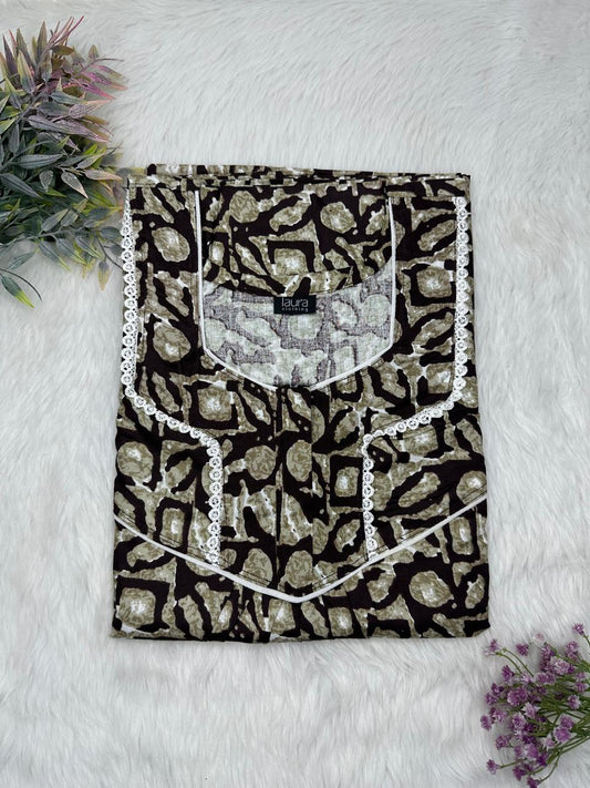 Onyx and Dim Gray Printed Square Neck Normal Zip Pure Cotton Nighty Free Size Short Sleeve (Suits for bra size 34″- 40″ | 54-56 inch length)