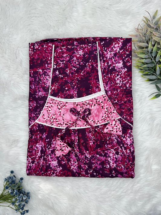 Boysenberry Printed Front and Pleated Pure Cotton Nighty Free Size Short Sleeve (Suits for bra size 34″- 40″ | 54-56 inch length)