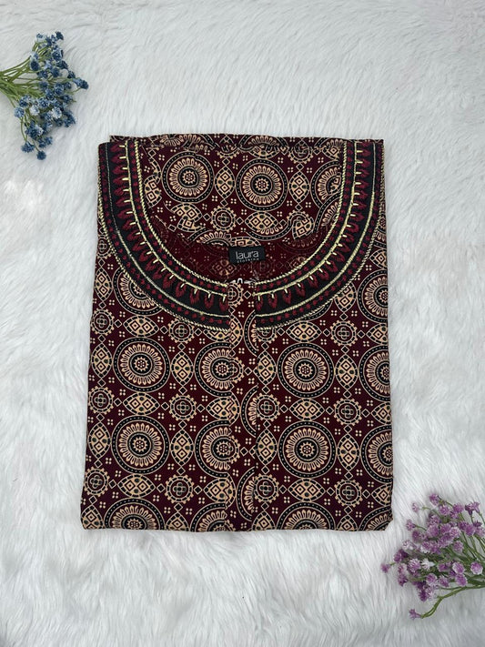 Seal Brown Printed 12" Long Zip Matching Embroidery Neck Pure Cotton Feeding Nighty Plus Size Short Sleeve (Suits for bra size 40″- 46″ | 54"-56" inch length)