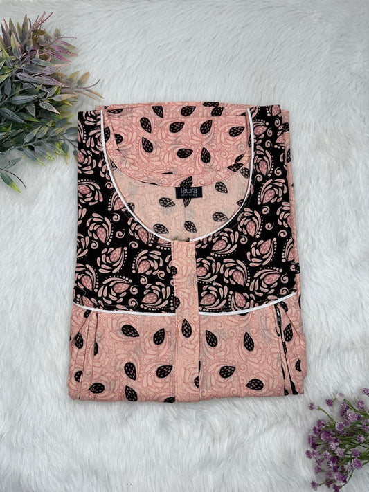 Rosy Brown and Onyx Printed Round Neck Pleated Pure Cotton Feeding Nighty With Two Side Vertical Zip and Single Centre Zip Free Size Short Sleeve (Suits for bra size 34″- 40″ | 54-56 inch length)