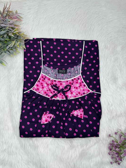 Dark Indigo Printed Square Neck No Zip Pleated Pure Cotton Nighty Free Size Short Sleeve (Suits for bra size 34″- 40″ | 54-56 inch length)