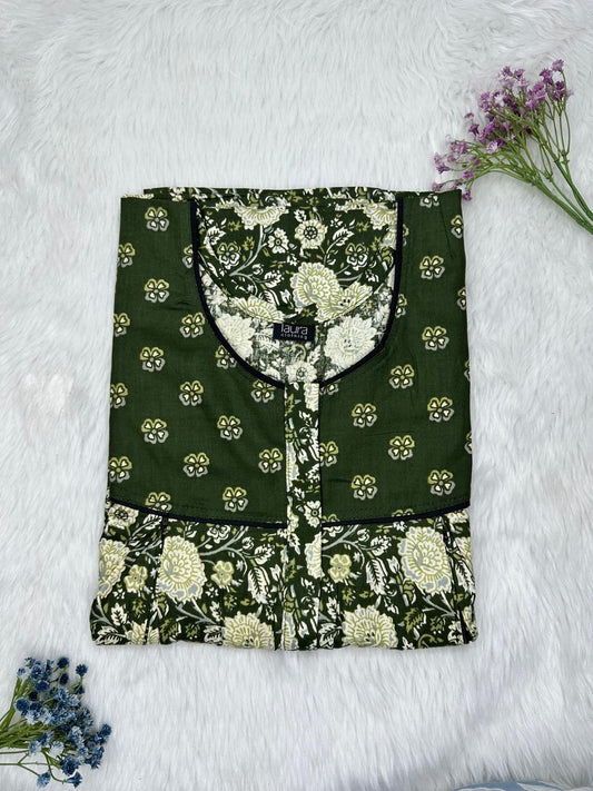 Phthalo Green and Pastel Grey Printed Round Neck Pleated Pure Cotton Feeding Nighty With Two Side Vertical Zip and Single Centre Zip Free Size Short Sleeve (Suits for bra size 34″- 40″ | 54-56 inch length)