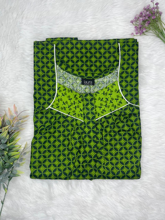 Apple Green Printed Square Neck Pleated Zip Pure Cotton Nighty Free Size Short Sleeve (Suits for bra size 34″- 40″ | 54-56 inch length)