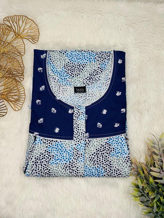 Oxford Blue and Light Gray Printed Round Neck Pleated Pure Cotton Feeding Nighty With Two Side Vertical Zip and Single Centre Zip Free Size Short Sleeve (Suits for bra size 34″- 40″ | 54-56 inch length)