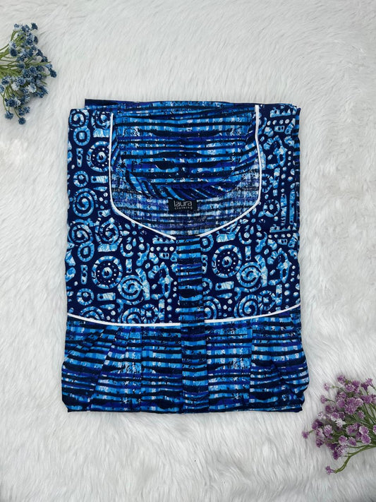 Dark Cerulean Printed Mix N Match Square Neck Pleated Cotton Nighty With Centre -8″ Zip Short Sleeve Free Size (Suits for bra size 34″- 40″ | 54-56 inch length )