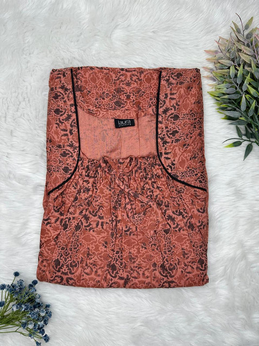 Dark Coral Pure Cotton Square Neck Elastic Pleated Nighty Free Size Short Sleeve (Suits for bra size 34″- 40″ | 54-56 inch length)