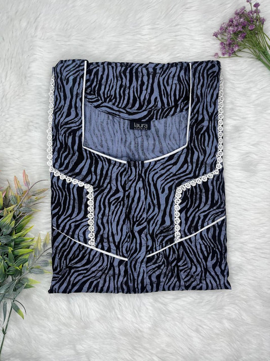 UCLA Blue Printed Mix and Match Square Neck Centre Long 12" Zip Pure Cotton Feeding Nighty Free Size Short Sleeve (Suits for bra size 34″- 40″ | 54-56 inch length)