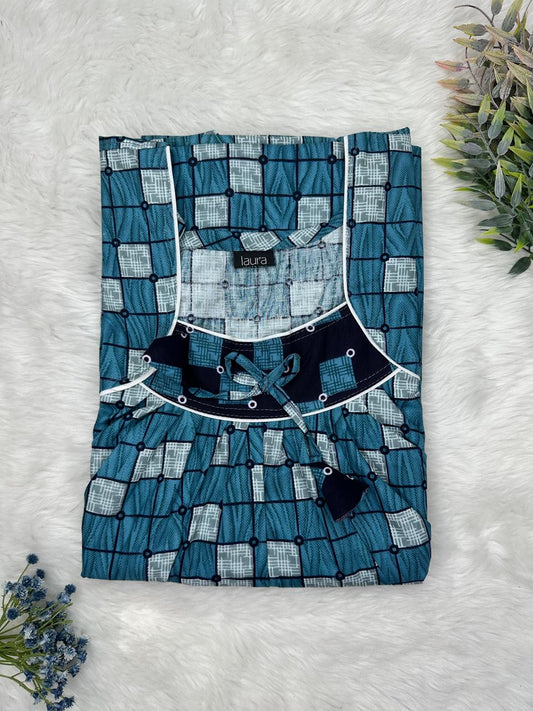 Sea Blue Printed Square Neck No Zip Pleated Pure Cotton Nighty Free Size Short Sleeve (Suits for bra size 34″- 40″ | 54-56 inch length)