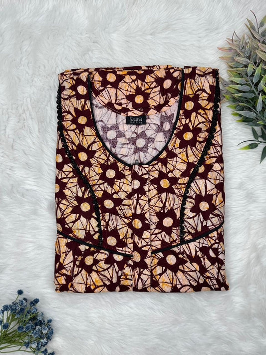 Lion and Seal Brown Printed Round Neck Centre Long 12" Zip Pure Cotton Feeding Nighty Free Size Short Sleeve (Suits for bra size 34″- 40″ | 54-56 inch length)