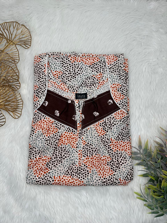 Timberwolf Printed Square Neck Pleated Zip Pure Cotton Nighty Free Size Short Sleeve (Suits for bra size 34″- 40″ | 54-56 inch length)