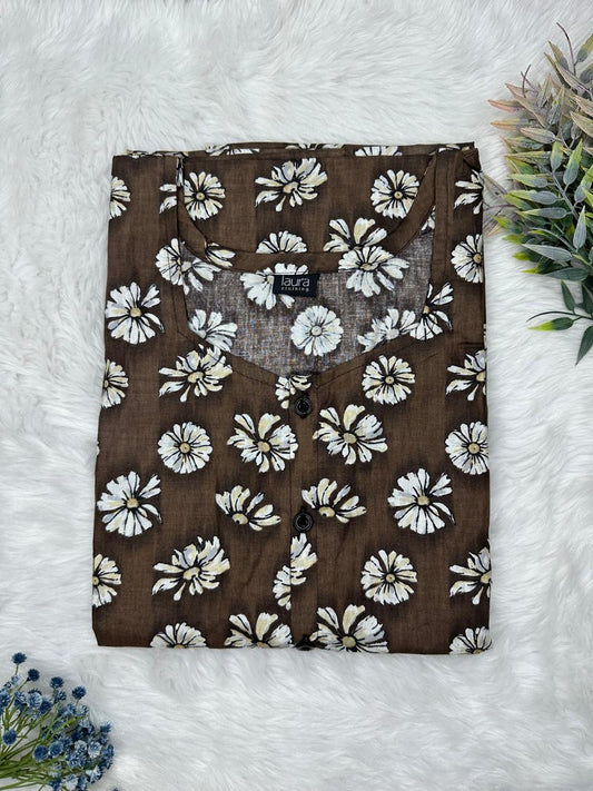 Bistre Printed Round Neck Pure Cotton Full Open Button Labour Room Nighty Free Size Short Sleeve (Suits for bra size 34″- 40″ | 54-56 inch length)