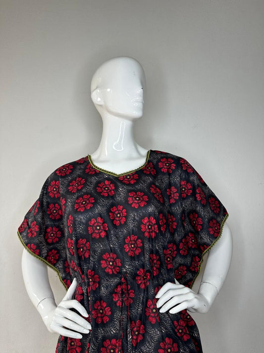 Deep Carmine and Charcoal printed Pure Cotton V-Neck Kaftan With Matching Border Lace And Adjustable Tie Free Size (Suits for bra size 34″- 40″) | 54-56 Inch Length