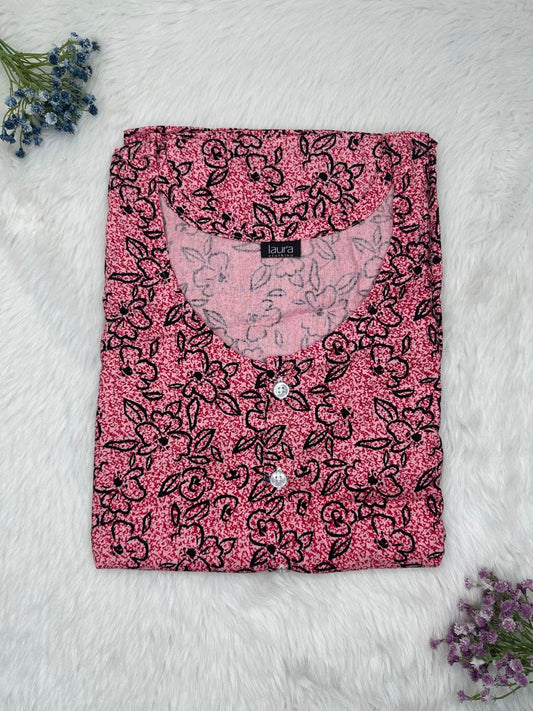 Raspberry Rose Printed Round Neck Pure Cotton Full Open Button Labour Room Nighty Free Size Short Sleeve (Suits for bra size 34″- 40″ | 54-56 inch length)