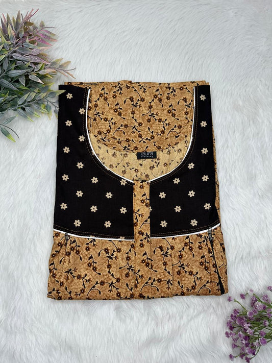 Lion and Onyx Printed Round Neck Pleated Pure Cotton Feeding Nighty With Two Side Vertical Zip and Single Centre Zip Free Size Short Sleeve (Suits for bra size 34″- 40″ | 54-56 inch length)