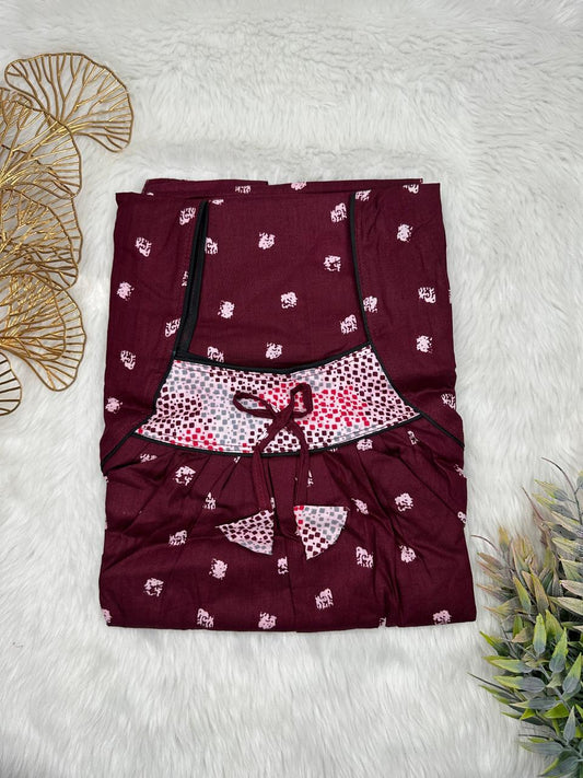 Rose Quartz Printed Front and Dark Scarlet Pleated Pure Cotton Nighty Free Size Short Sleeve (Suits for bra size 34″- 40″ | 54-56 inch length)