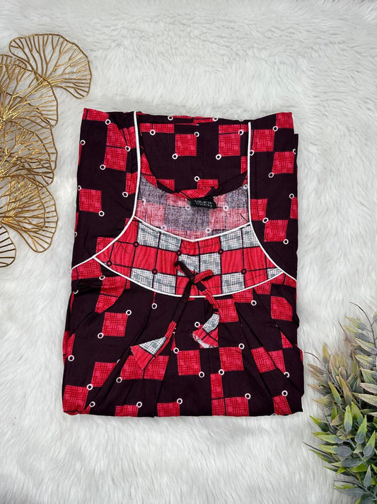 Amaranth Floral Printed Square Neck No Zip Pleated Pure Cotton Nighty Free Size Short Sleeve (Suits for bra size 34″- 40″ | 54-56 inch length)