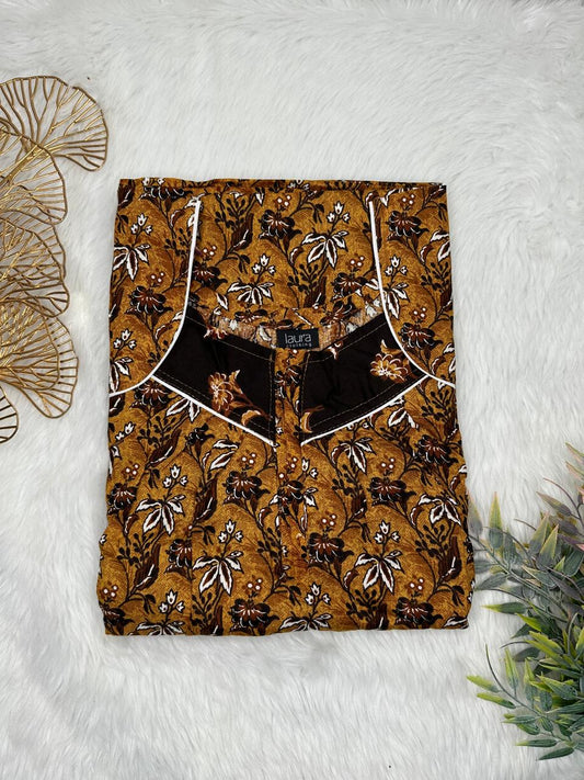 Dark Goldenrod Printed Square Neck Pleated Zip Pure Cotton Nighty Free Size Short Sleeve (Suits for bra size 34″- 40″ | 54-56 inch length)