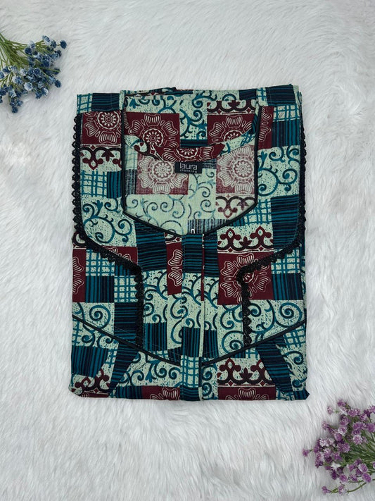 Cambridge Blue Printed Square Neck Centre Long 12" Zip Pure Cotton Feeding Nighty Free Size Short Sleeve (Suits for bra size 34″- 40″ | 54-56 inch length)