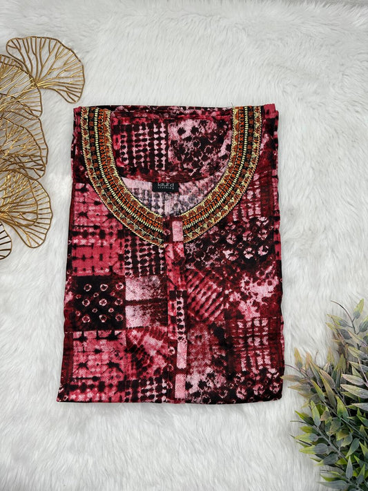 Bright Maroon and Caput Mortuum Printed 12" Long Zip Pure Cotton Matching Neck Embroidery Feeding Nighty Free Size Short Sleeve (Suits for bra size 34″- 40″ | 54-56 inch length)