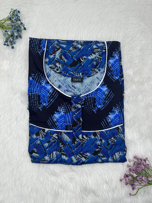 Yale Blue Printed Mix N Match Round Neck Pleated Cotton Nighty With Centre -8″ Zip Short Sleeve Free Size (Suits for bra size 34″- 40″ | 54-56 inch length )