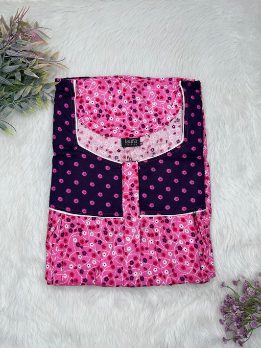 Thulian Pink and Dark Indigo Printed Square Neck Pleated Pure Cotton Feeding Nighty With Two Side Vertical Zip and Single Centre Zip Free Size Short Sleeve (Suits for bra size 34″- 40″ | 54-56 inch length)