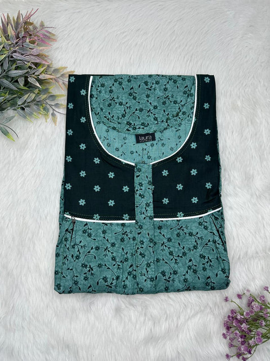 Skobeloff and Onyx Printed Round Neck Pleated Pure Cotton Feeding Nighty With Two Side Vertical Zip and Single Centre Zip Free Size Short Sleeve (Suits for bra size 34″- 40″ | 54-56 inch length)