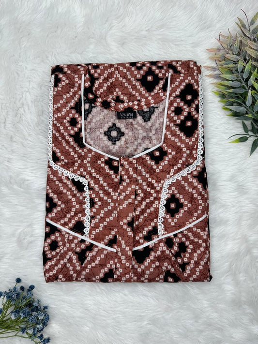 Bole Printed Square Neck Centre Long 12" Zip Pure Cotton Feeding Nighty Free Size Short Sleeve (Suits for bra size 34″- 40″ | 54-56 inch length)