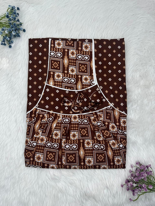 Seal Brown Printed Front and Back Pleated Pure Cotton Nighty Free Size Short Sleeve (Suits for bra size 34″- 40″ | 54-56 inch length)